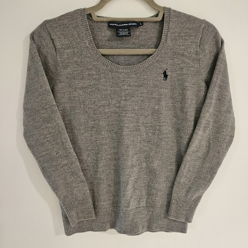 Ralph Lauren Sport Sweater Large‎ Youth 100% Merino Wool Grey Crewneck Pullover